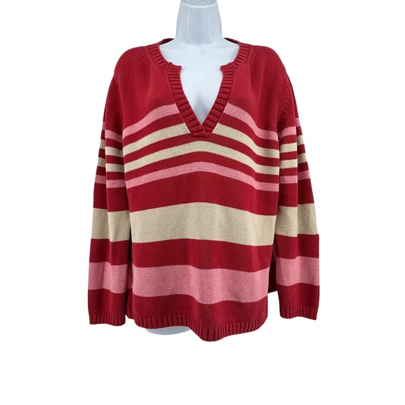 Eddie Bauer Sweaters - Eddie Bauer Striped Sweater Womens XL Red Pink Split‎ V-Neck Cotton Coastal